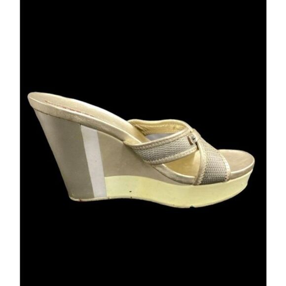 Prada Metallic Gold Leather Mesh Open Toe Slip-on Wedge Sandals - Picture 8 of 9